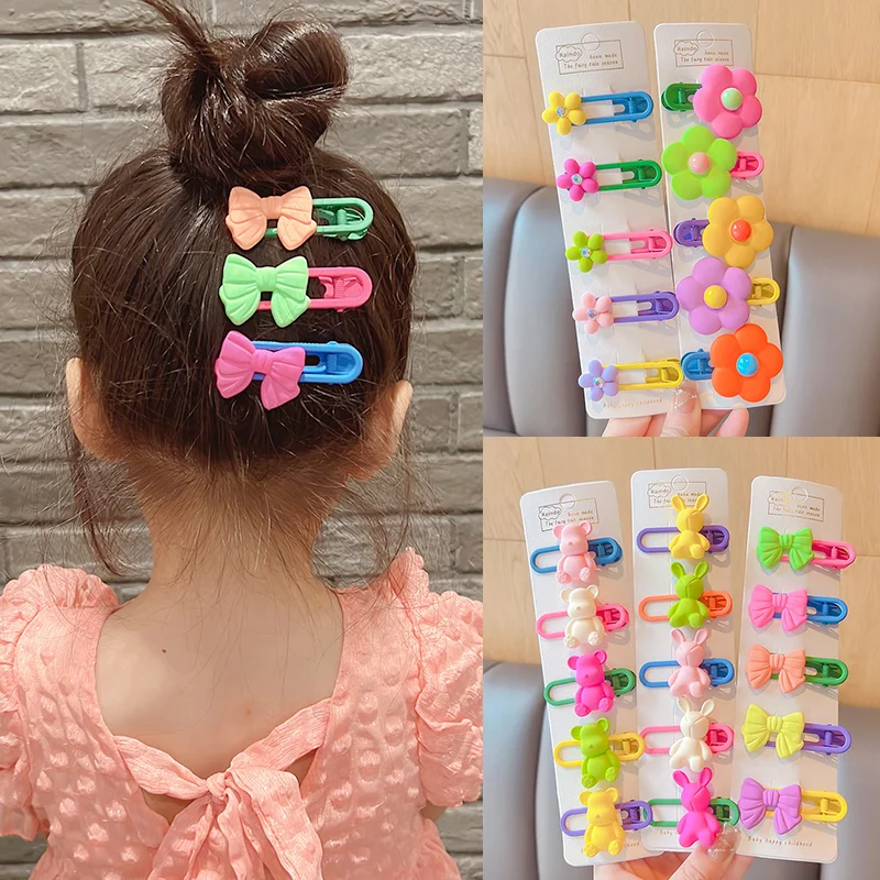 5 Pcs/Set Children Cute Acrylic Cartoon Flower Heart Ornament Hair Clips Girls Alloy Barrettes Hairpins Kids Hair Accessories