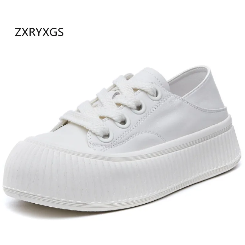 ZXRYXGS 2025 New Autumn Lace-up Genuine Leather White Shoes Trendy Sneakers Flat Platform Elevator Shoes Women Casual Sneakers
