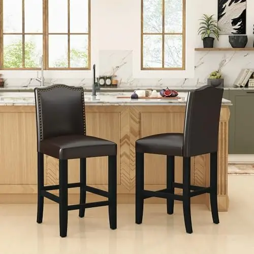 Counter Height Bar Stools Set of 2, Brown PU Upholstered, Bronze Nail Backrest, Solid Wood Legs
