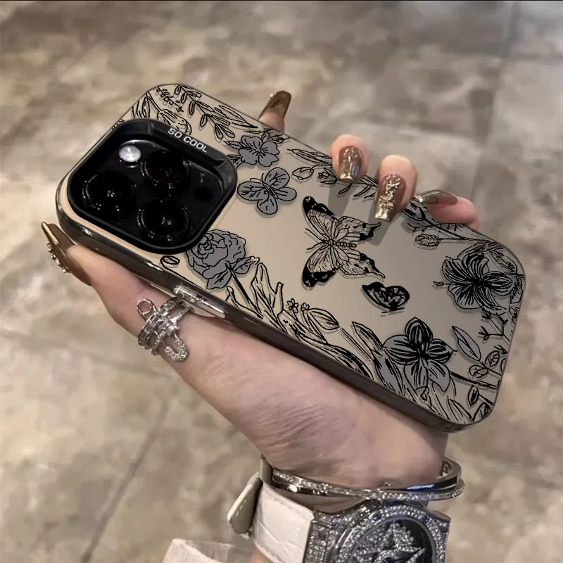 Sketch Flower Butterfly Phone Case for iPhone 11 15 ProMax 12 13 14 Pro X 7/8 Plus XR XSMax Laser Plated Shockproof Bumper Cover image 4