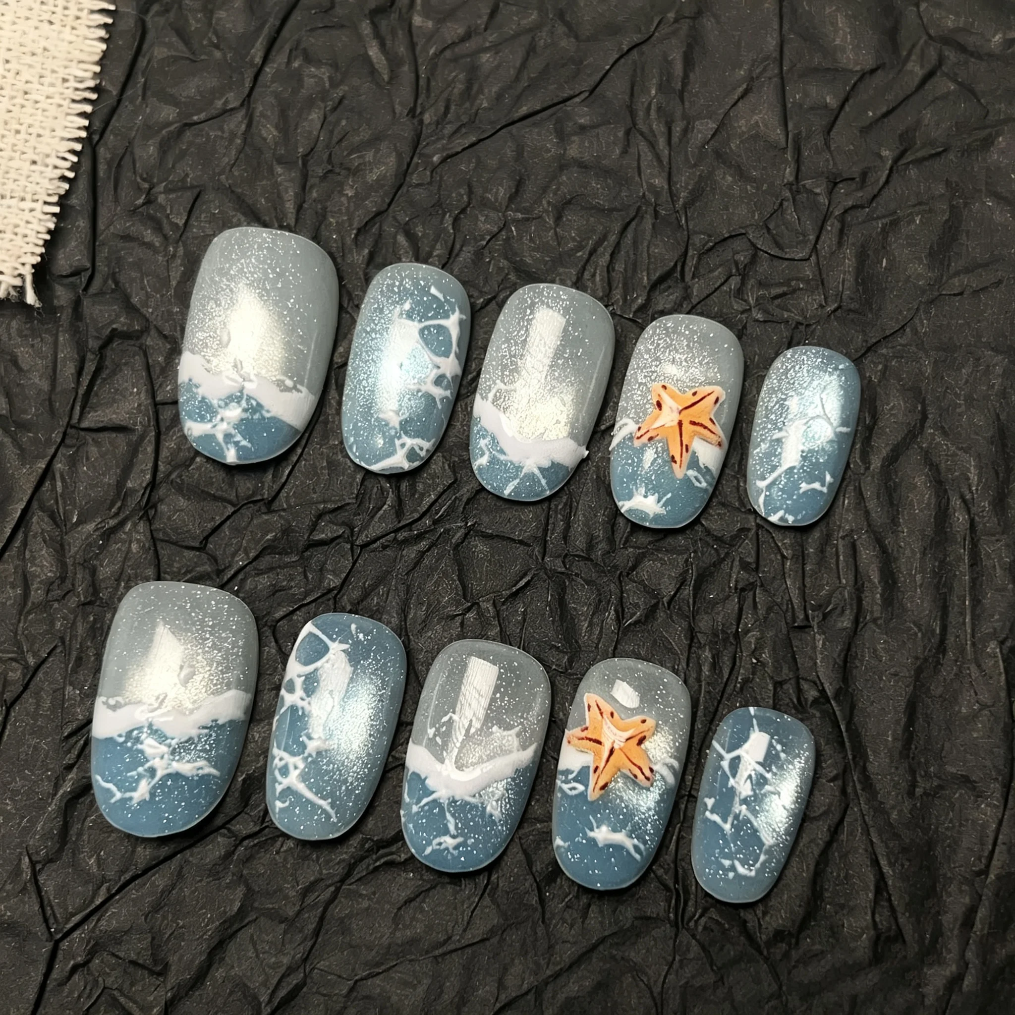 

10pcs Short Square Press On Nails Light Blue Cat Eye Sea Wave Starfish Design Reusable Full Cover False Nails For Summer Beach