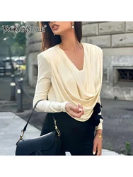 TWOTWINSTYLE Solid Patchwork Folds Elegant Blouses For Women V Neck Long Sleeve Temperament Designer Shirts Female Fashion New