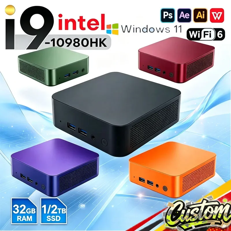 Core I9 10980HK Windows 11 Ultra Compact Mini PC 16GB RAM 1TB 2TB SSD WiFi6 Bluetooth 5.2 Low Power NVMe Desktop Pro