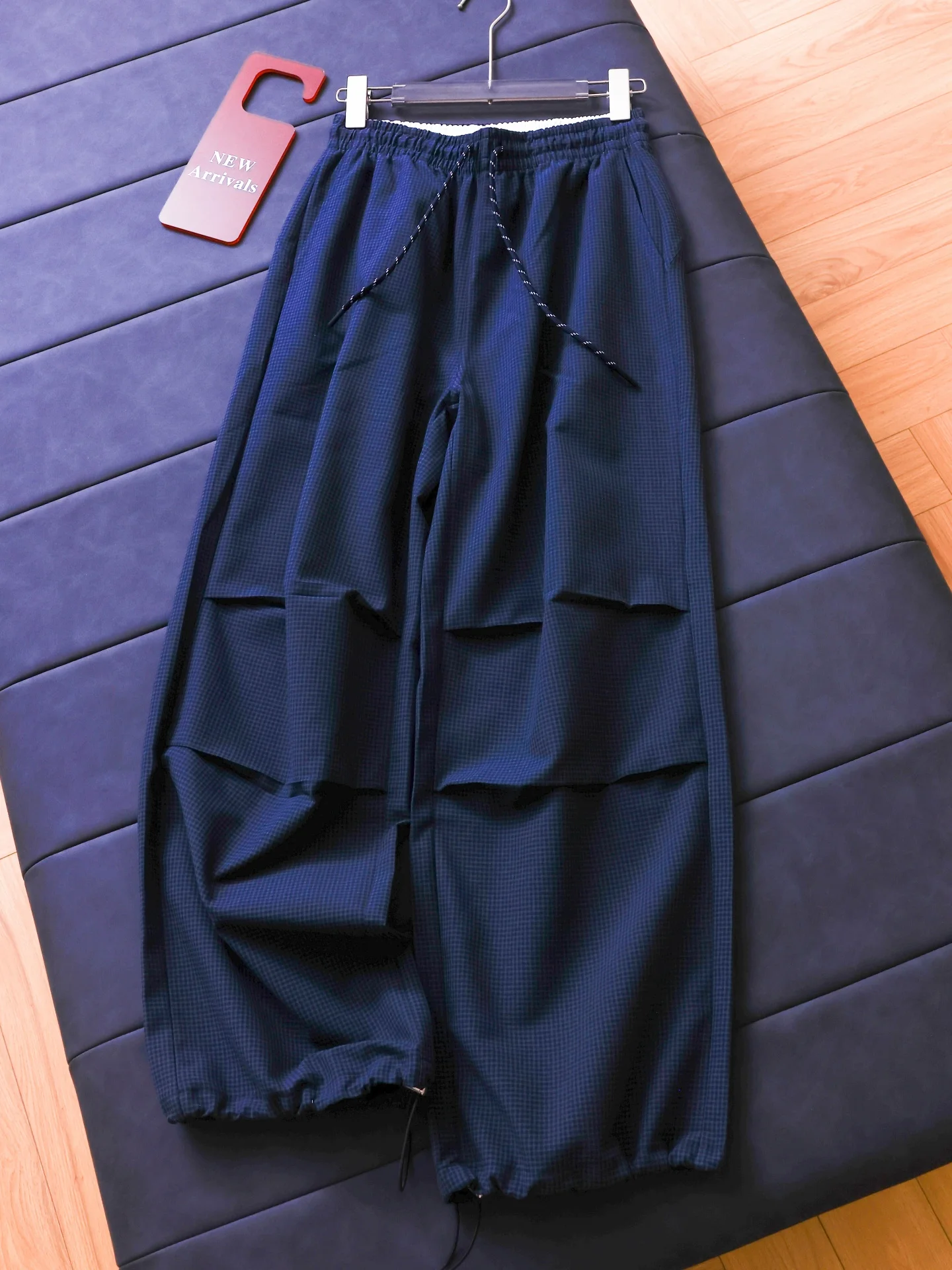 Casual Loose Wide Leg Utility Pants Women's Checkered Drawstring Elastic Waist All-Match Trousers Summer Straight Cut