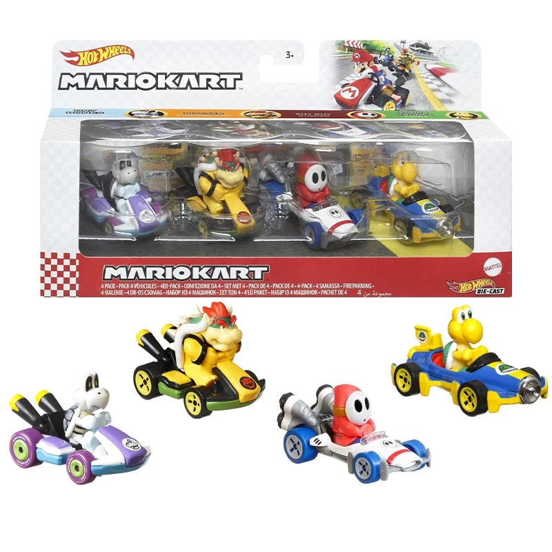 Hot Wheels Mario Kart Metal Diecast Car 4-Pack Action Figure Dry Bones Bowser Shy Guy and Koopa Troopa Kid Collectible Car Model