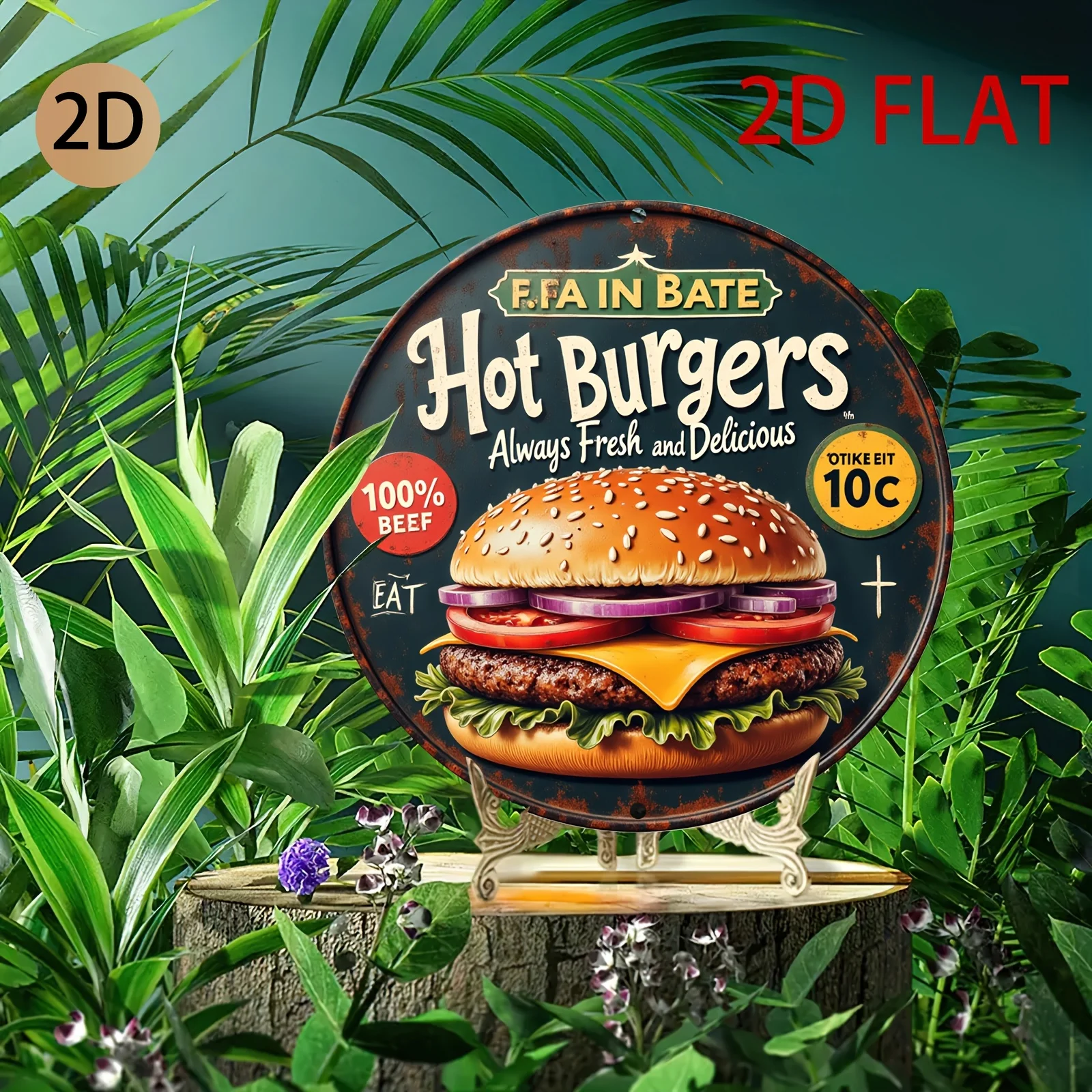 Vintage Hot Burgers 100% Beef Round Tin Sign, Retro Always Fresh Delicious Hamburger 2D Flat Metal Wall Art, Rustic Fast Food De