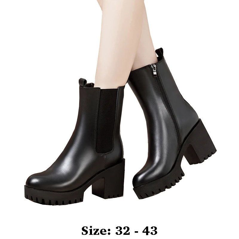 

High quality mid-calf cowhide leather boots for women 8cm high heel 2025 32 33 34 autumn winter elegant office shoe black