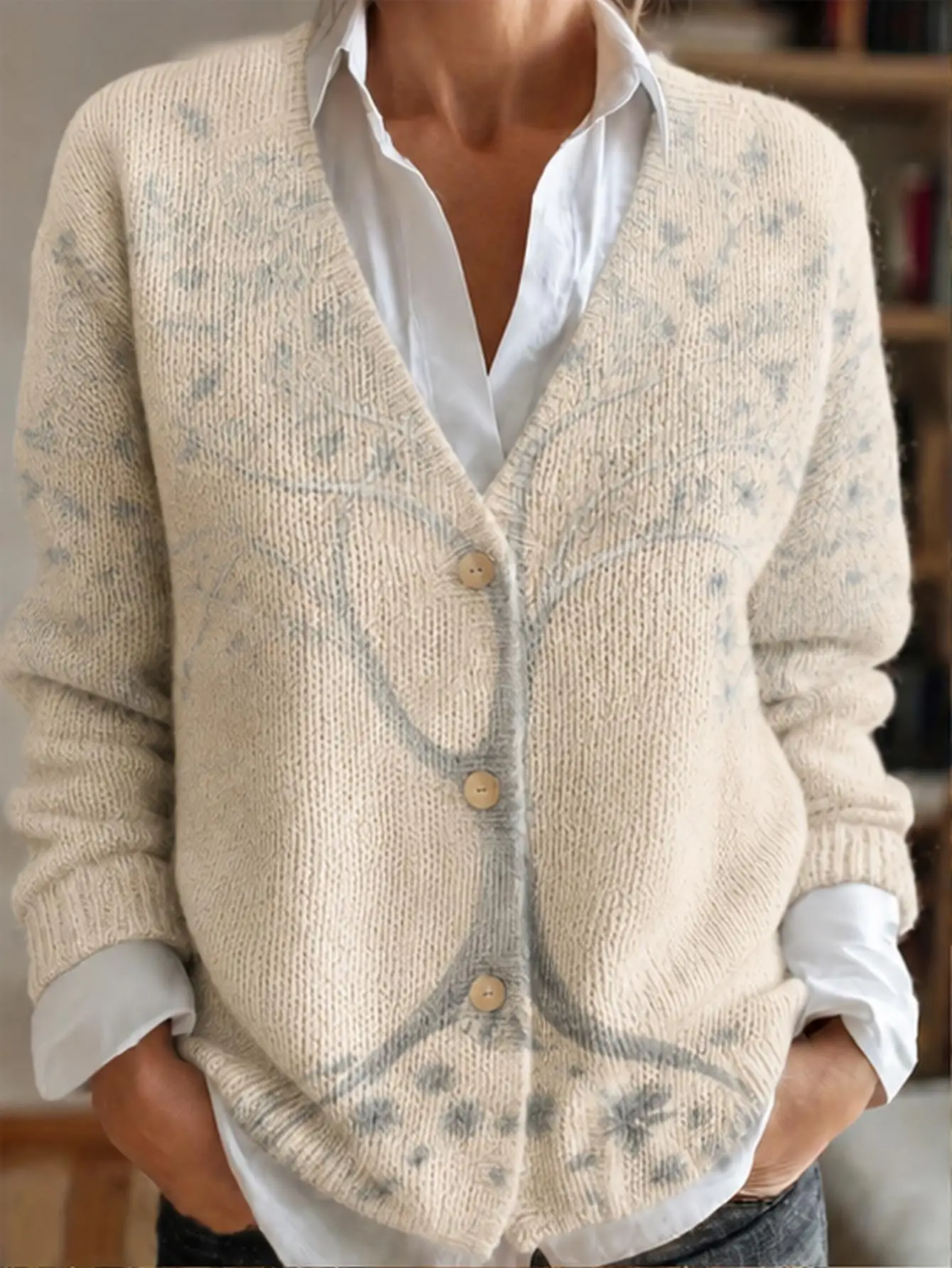 Plus Size Women Cream Tree Print V‑Neck Button‑Up Knit Cardigan, Vintage Sweater Coat Cozy Casual for Autumn Winter Vacation