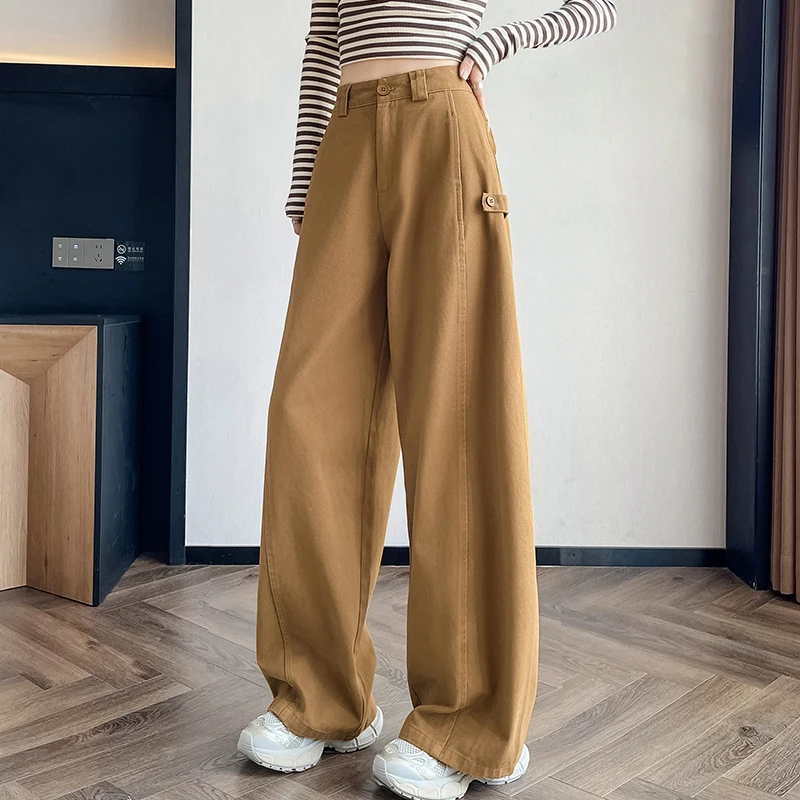 Coffee Wash Cotton Pants High Waist Wide Leg Curved Trousers Korean Loose Casual Harajuku Y2K Pocket Solid Color Straight Pants