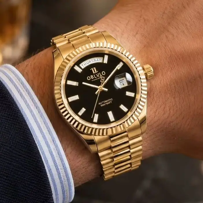 OBLVLO Men Automatic Watch 40mm Mechanical Wristwatch Gold Waterproof Sapphire Luminous Dual Calendar Week Date Miyota 8215