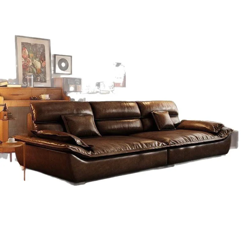 Oil wax leather sofa, antique style in the living room sofa, straight row cat scratching leather sofa