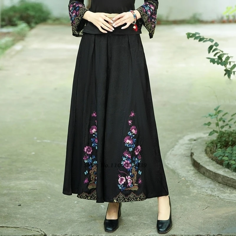 2025 pantaloni vintage cinesi pantaloni tradizionali a gamba larga ricamati con fiori nazionali pantaloni folk in vita elastica jacquard in raso