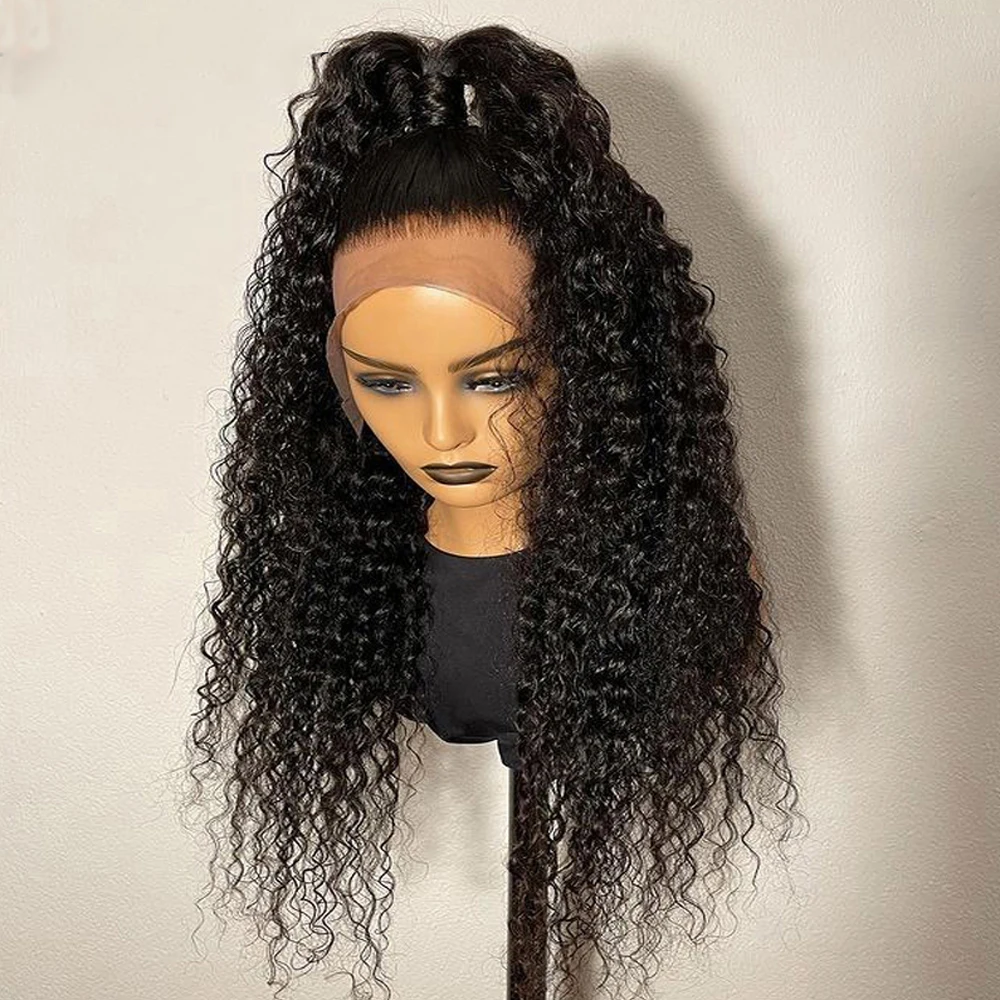 Peluca con malla frontal rizada negra Natural de 26 pulgadas de largo, suave para mujeres negras con pelo de bebé sin pegamento prearrancado sintético para uso diario