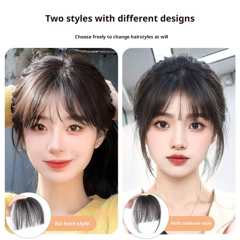 سيدة وهمية الانفجارات الشعر الحقيقي المنسوجة يدويا غرة متجددة الهواء مع السوالف خفيفة الوزن ومدمجة لتغطية الجبين شعر مستعار غير مرئية الانفجارات #2
