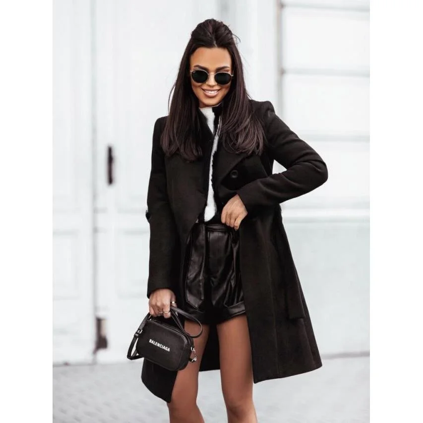 

Autumn Winter New Style Women's Woolen Coat Pure Color Belted Mid-Length Outerwear Cross-Border Fashion Ladies' Clothing