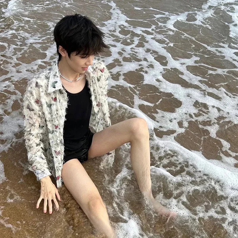 

Lace Shirt Jacket Men's Summer Trendy Brand Three-Dimensional Tassel Design Outdoor Sunscreen Handsome Shirt