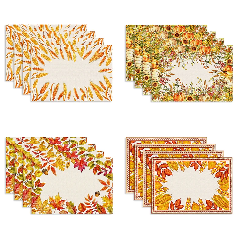 4/6pcs Thanksgiving autumn leaf border decorative placemat, 12x18 inch printed placemat set, non slip and heat-insulating