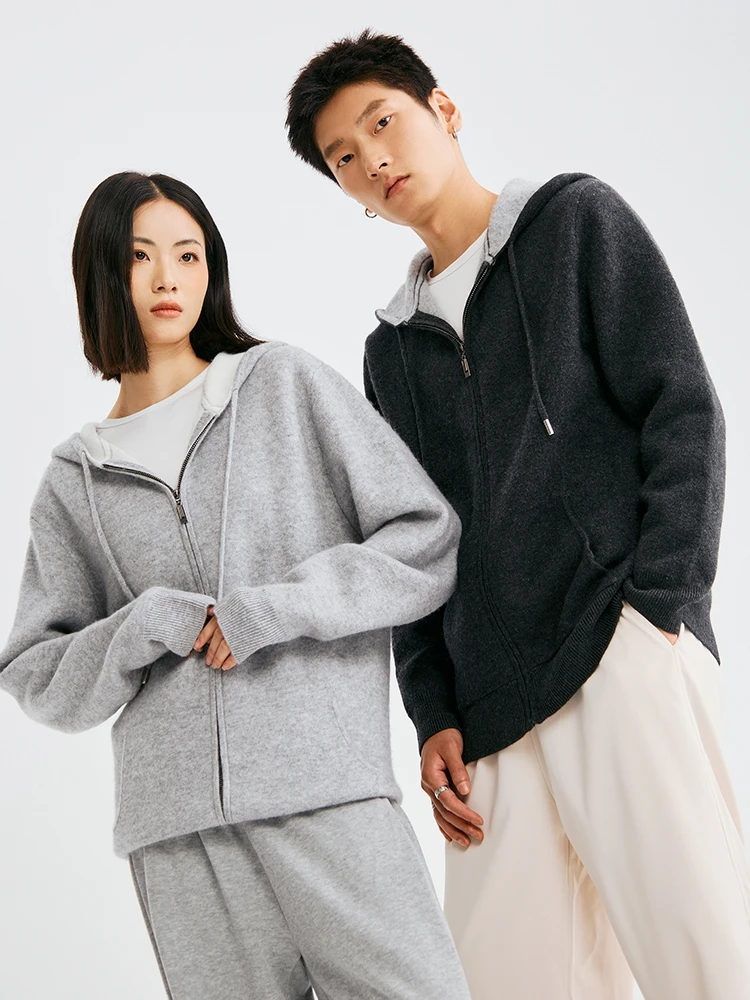 Kardigan Berkerudung Ritsleting Pria 100% Pakaian Rajut Wol Merino Sweter Hangat Lembut Tebal Sweter Kasual Musim Gugur Musim Dingin Pakaian Uniseks