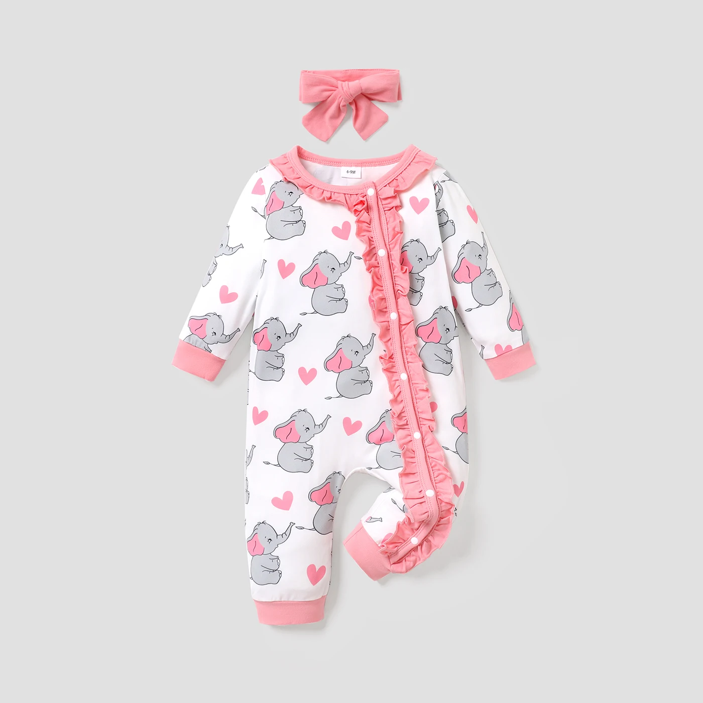 PatPat 2pcs All Over Cartoon Koala Print White Long-sleeve Ruffle Snap-up Baby Jumpsuit Set