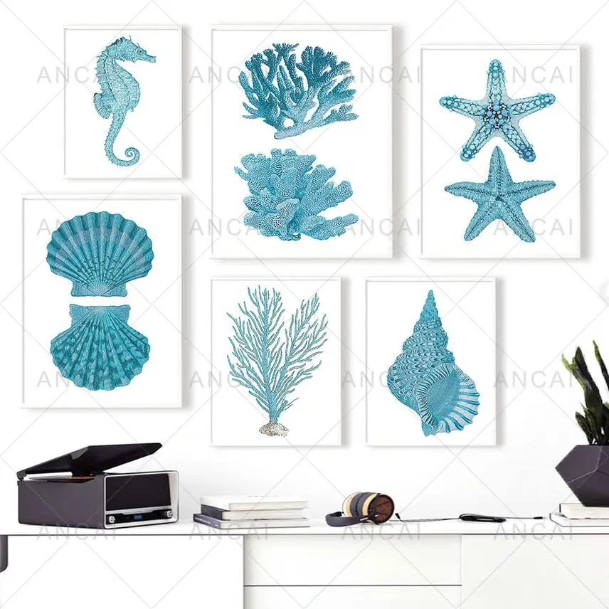 Conch Scallop Seahorse Starfish Coral Vintage Nordic Poster Print Wall Art Canvas Painting Pictures For Living Room Decoration