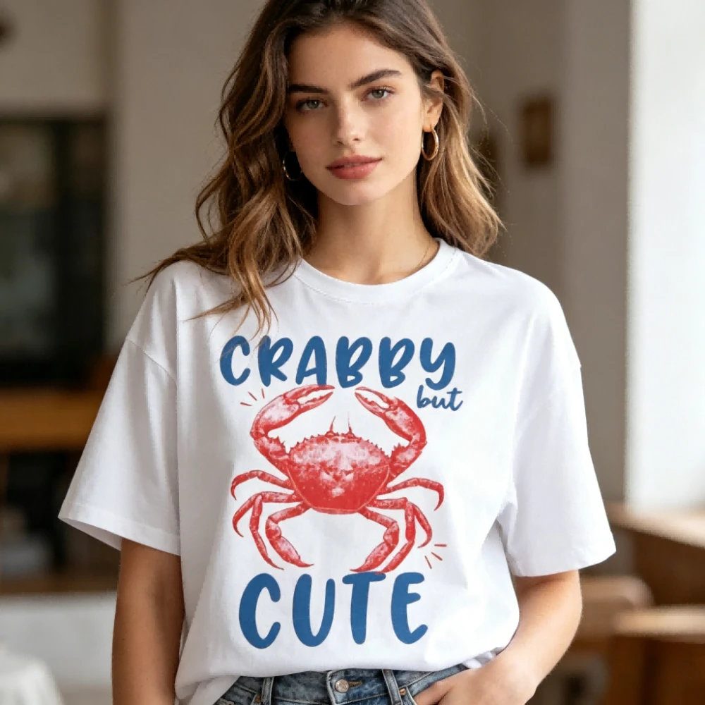 Crabby But Cute Shirt Crab Shirt Retro Summer Tops Seafood Clothes Coastal Aesthetic Beach Vacation Sweatshirt Coton Tees