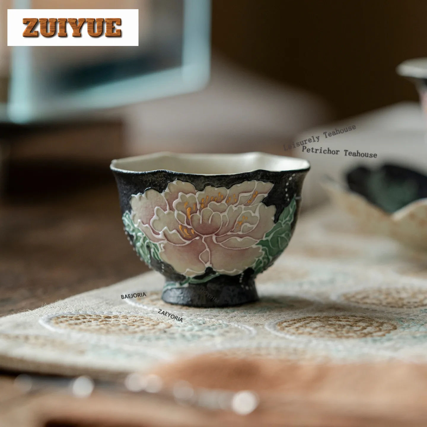 90 ml handbemalte Pfingstrosen-Teetasse, luxuriöses Teeschalen-Set, Teeverkostungs-Dufttasse, Jianzhan Master Cups, Teezeremonie-Handwerk