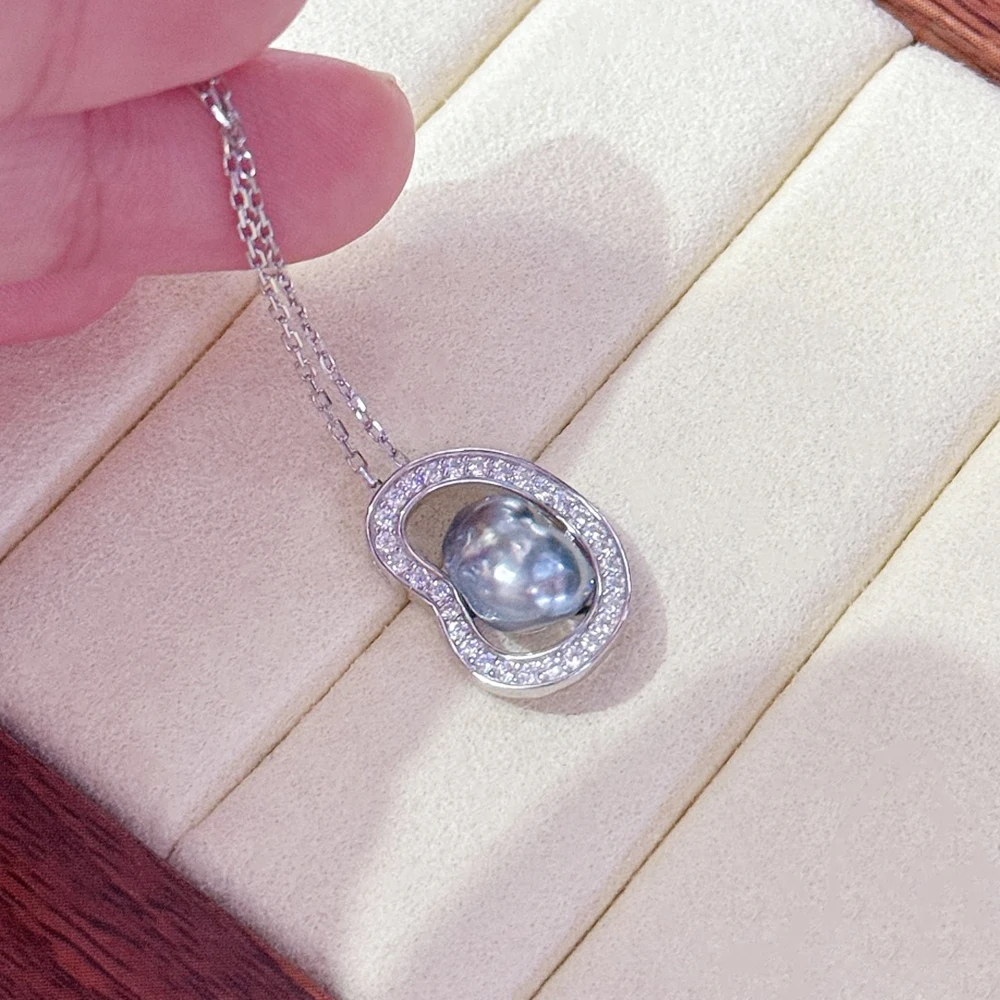 K Gold Texture 925 Silver Special Cute Pea Pendant with Aurora Bright 100% Natural Unique Tahitian Seawater Baroque Keshi Pearl