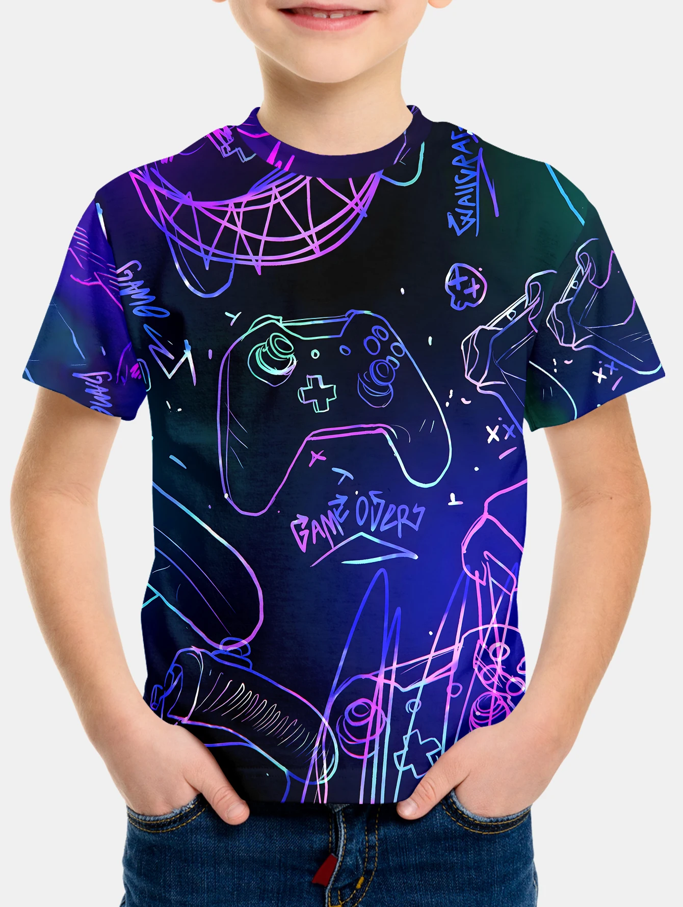 Camiseta infantil com estampa gamepad legal, blusa confortável de manga curta para meninos, streetwear perfeito com o pescoço, casual divertido de verão