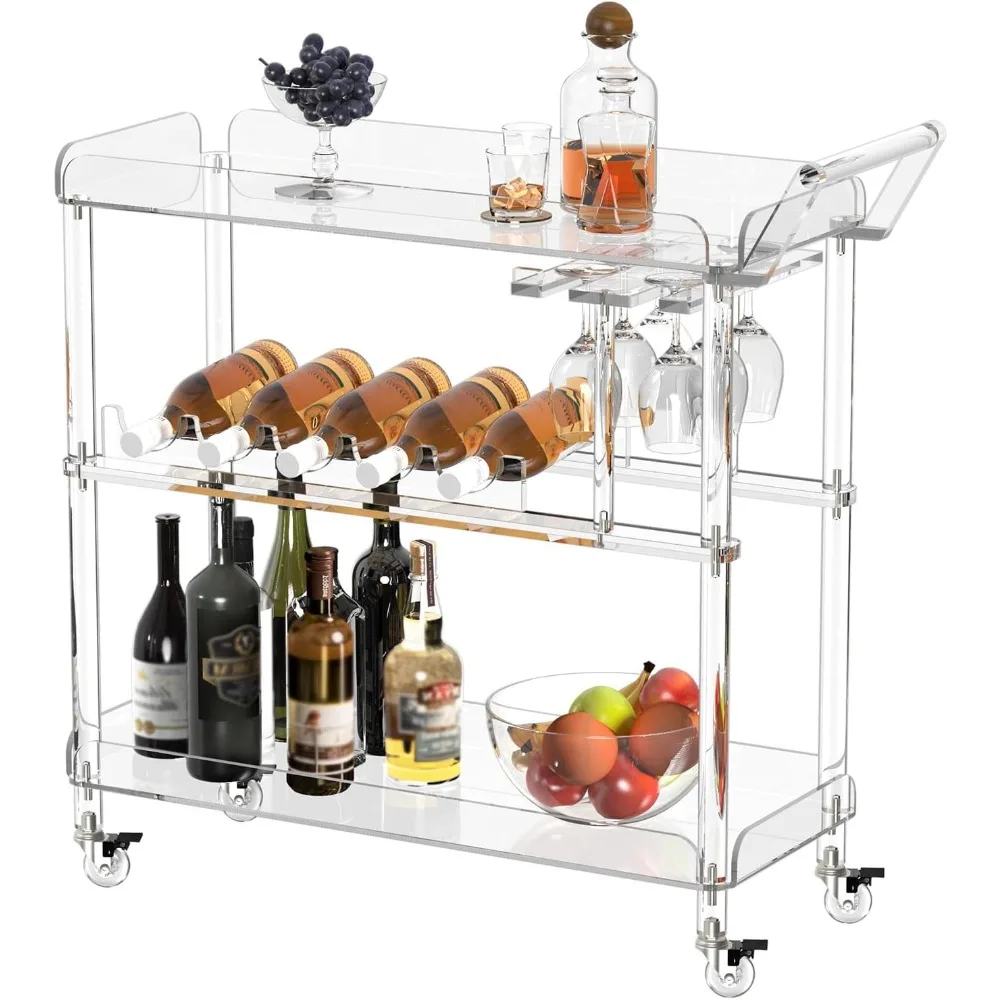 Chariot de bar en acrylique avec 4 roues verrouillables, chariot de service transparent avec Psychà vin et porte-verres pour la maison, la cuisine, le restaurant