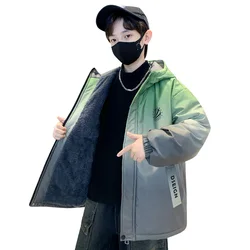 Child Winter Fleece Parka Jacket with Zipper for Boy Gradient Color Thick Insulated Trench Coat Kids Thermal Outerwear Overcoat