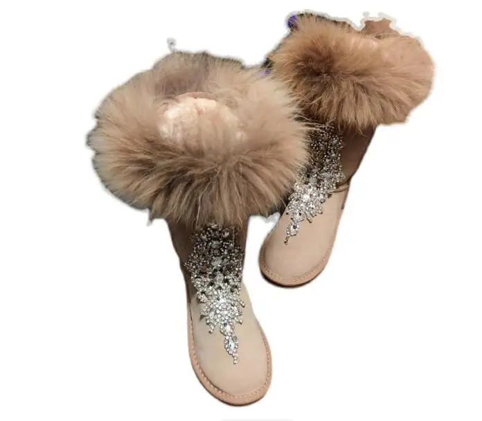 Fashion Real Raccoon Fur Diamond Crystal  Snow Boots Round Toe Warm Plush Thick Sole Women Winter Booties view 4