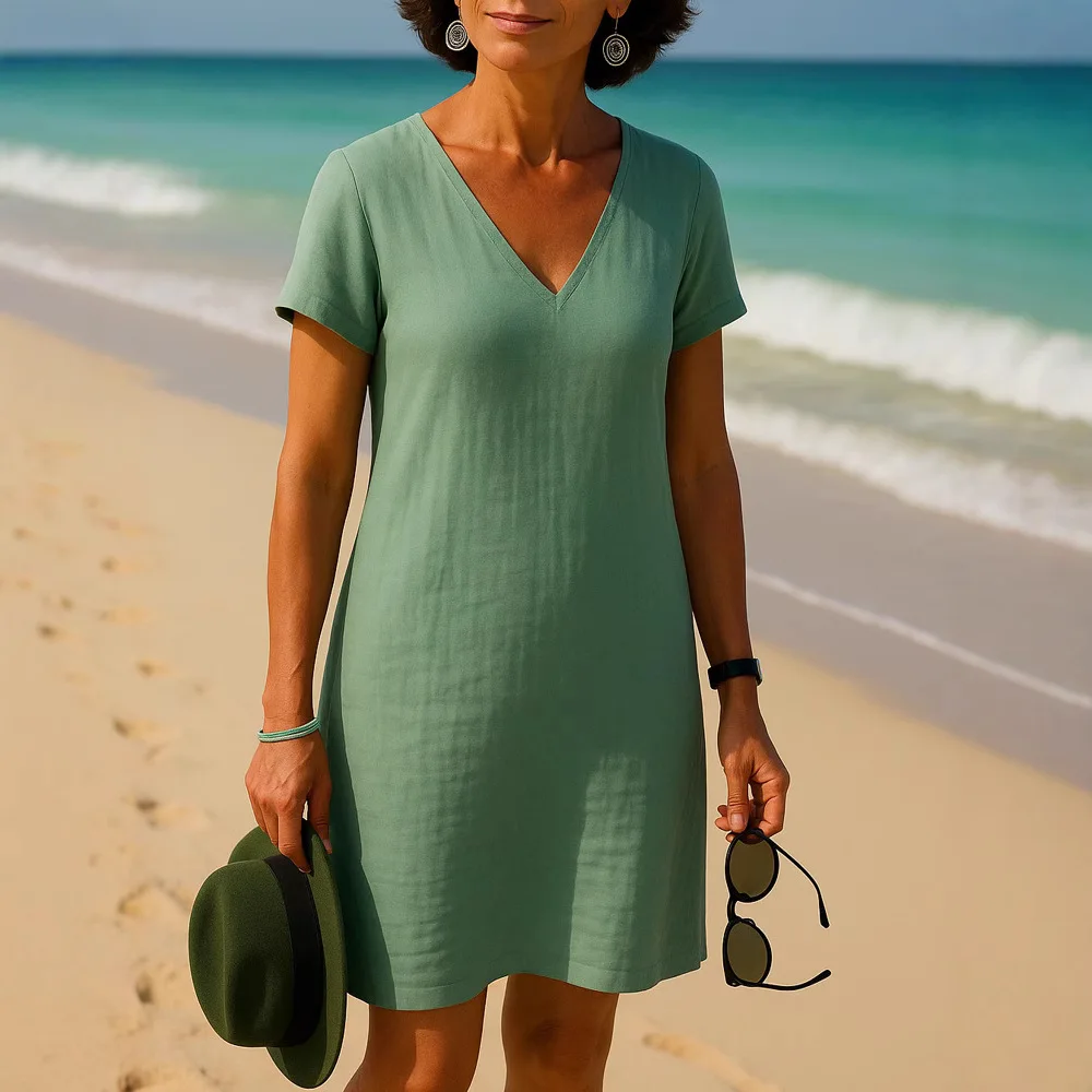 Summer Dress Woman V Neck Short Sleeve Solid Color Flowy Beach Midi Dress Vintage Boho Casual Cotton Linen Dress