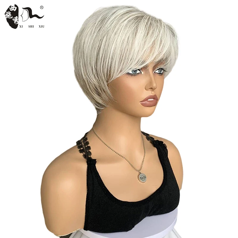 Short Mixed White Straight Hair Wigs For Women Pixie Cut Layered Wig With Bangs Synthetic Hair Wigs Cosplay Halloween Daily Wigs