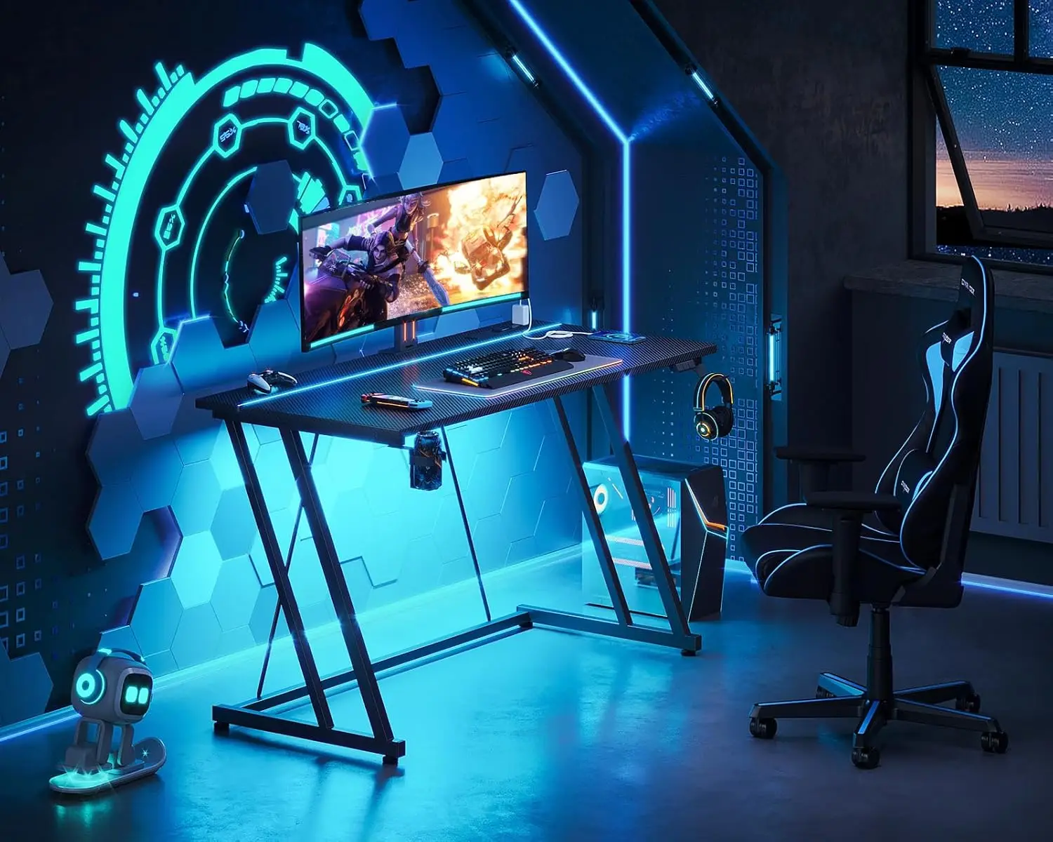 مكتب ألعاب مقاس 47 بوصة مزود بمنافذ LED ومنافذ طاقة، وملمس من ألياف الكربون الأسود، ومكتب كمبيوتر مدمج للمساحة الصغيرة