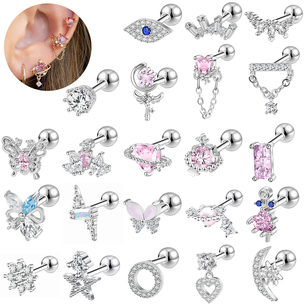 ZS 18G 1PC Cute Heart Studs Earring Pink Crystal Ear Stud Stainless Steel Helix Earring Girl Sliver Plated Star Moon Ear Jewelry