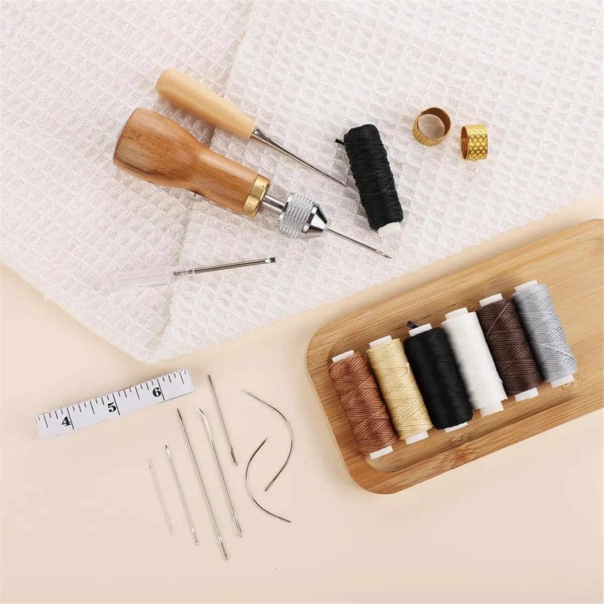 *CLOS مجموعة الخياطة Awl، أداة خرامة محمولة، مجموعة خيط الخياطة الجلدية، مجموعة خيط مشمع للخياطة الجلدية #6
