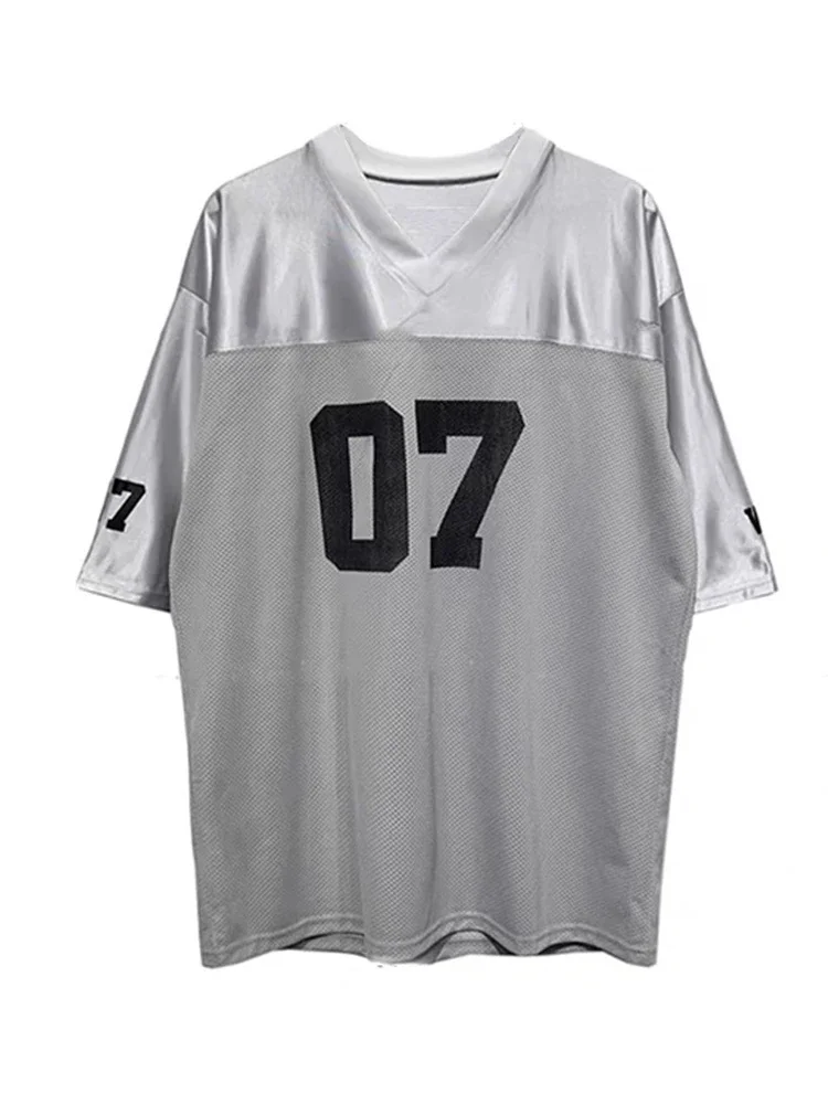 American Streetwear  Basketball Sport Shirt  Women Patchwork Contrast Color V-neck Short Sleeve Number Seven Loose Tees Summer