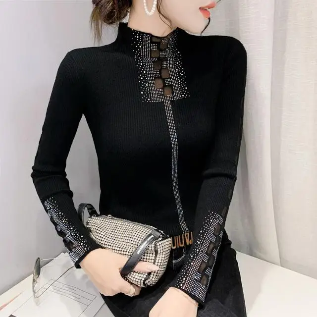 

Сексуальный горячий прессованный ромбовидный сетчатый полый вязаный свитер с высоким воротом, женский свитер с длинными рукавами, базовый топ