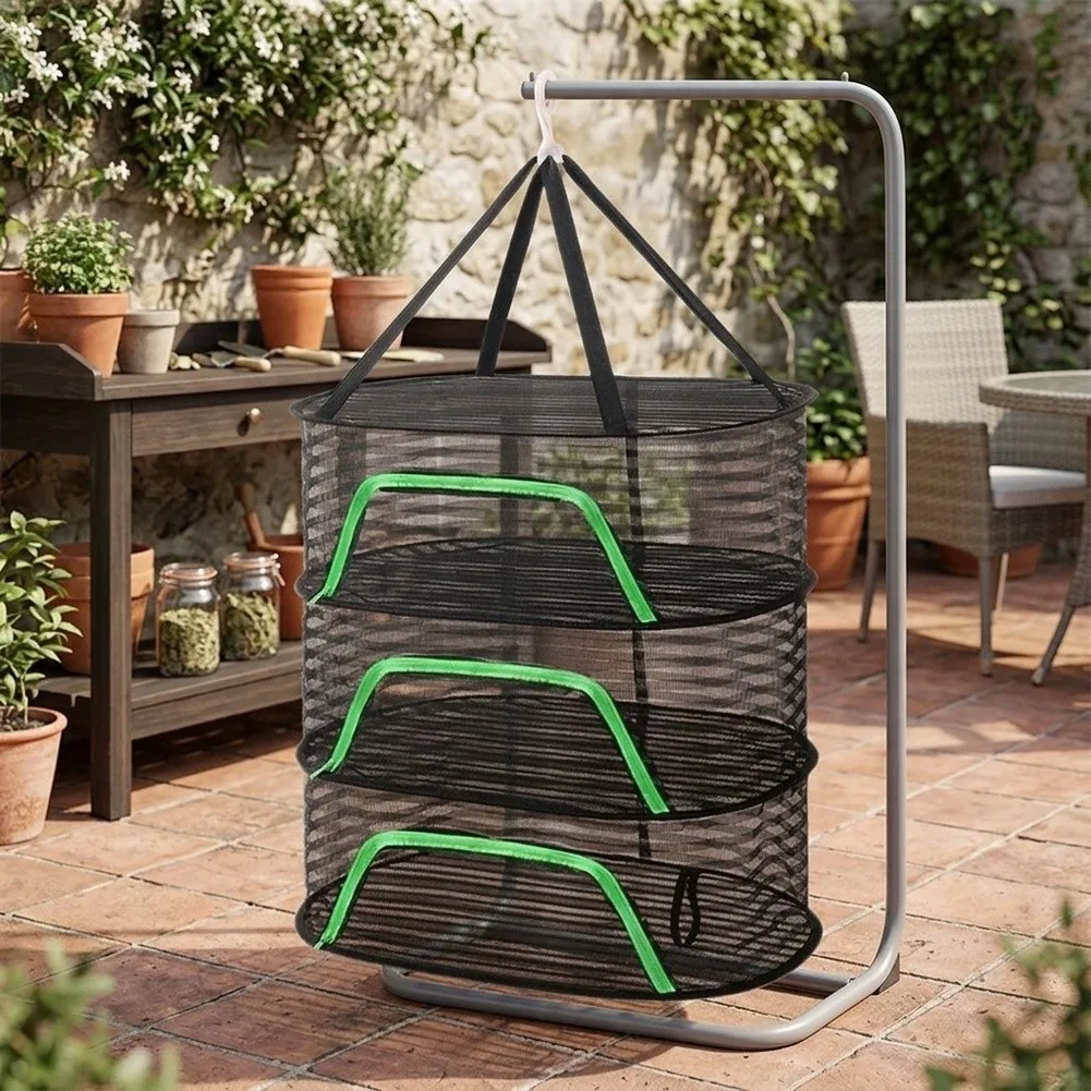 Polyester Foldable Drying Net for Vegetables Fish and Dehydrated Goods 50x70cm Black Mesh Rack with Zippered Closure Hook