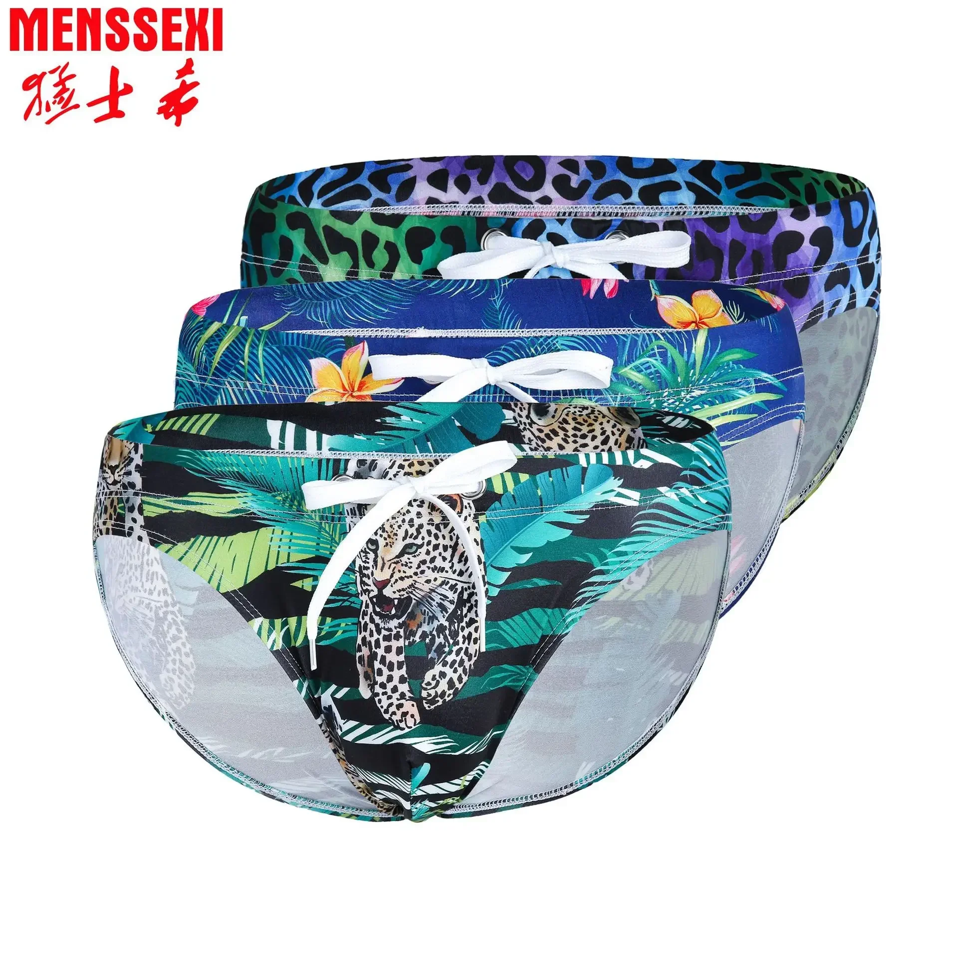 

Men's Swim Trunks Surfing Pants Beach Low Waist Triangle Leopard Print Swimming Shorts Boxer Briefs Quick Dry Sports Jammers