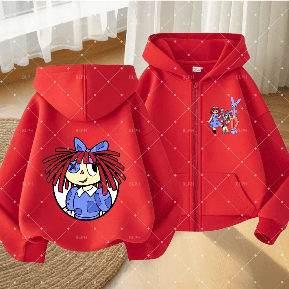 Linda sudadera con capucha y cremallera para niños estilo Circo Digital, con diseño de muñeca de dibujos animados, adorable conjunto de pelo rojo y ropa azul para niños/niñas