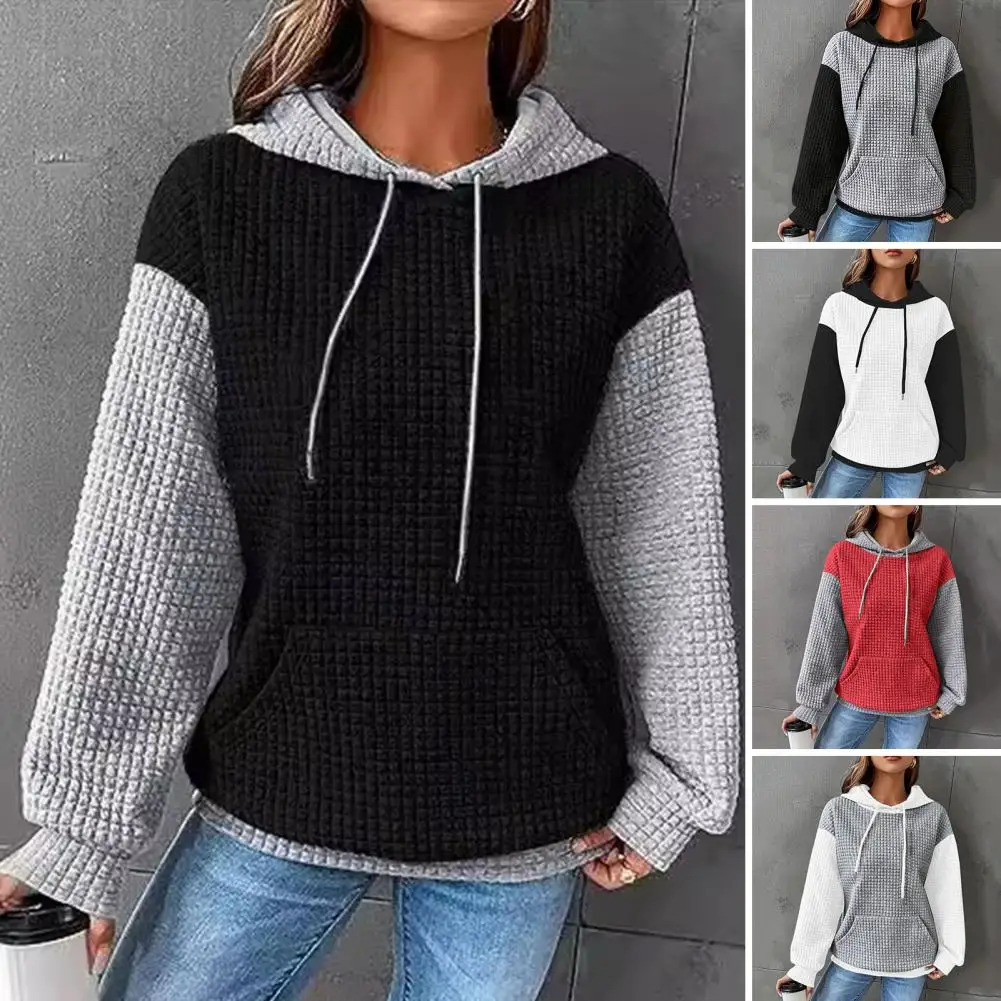 

Color Block Kangaroo Pocket Hoodie Long Sleeve Waffle Knit Top Women's Fall Winter Hoodie with Drawstring Hood Big for Daily