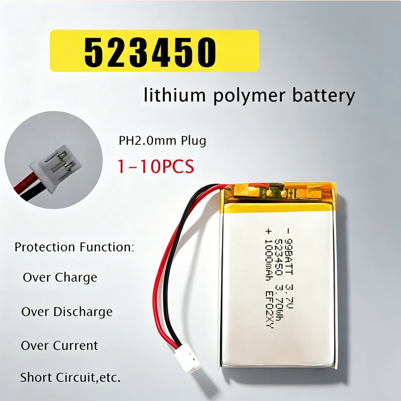 523450 Battery 3.7v 1000mAh Li-Polymer Rechargeable Battery for LED Lamp GPS Power Bank DVD MP4 MP5 Smart Watch Massager Camera