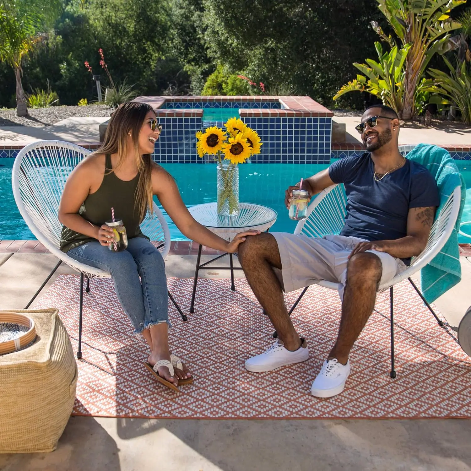 3-Piece Outdoor Acapulco All-Weather Patio Conversation Bistro Set w/Plastic Rope, Glass Top Table and 2 Chairs - White