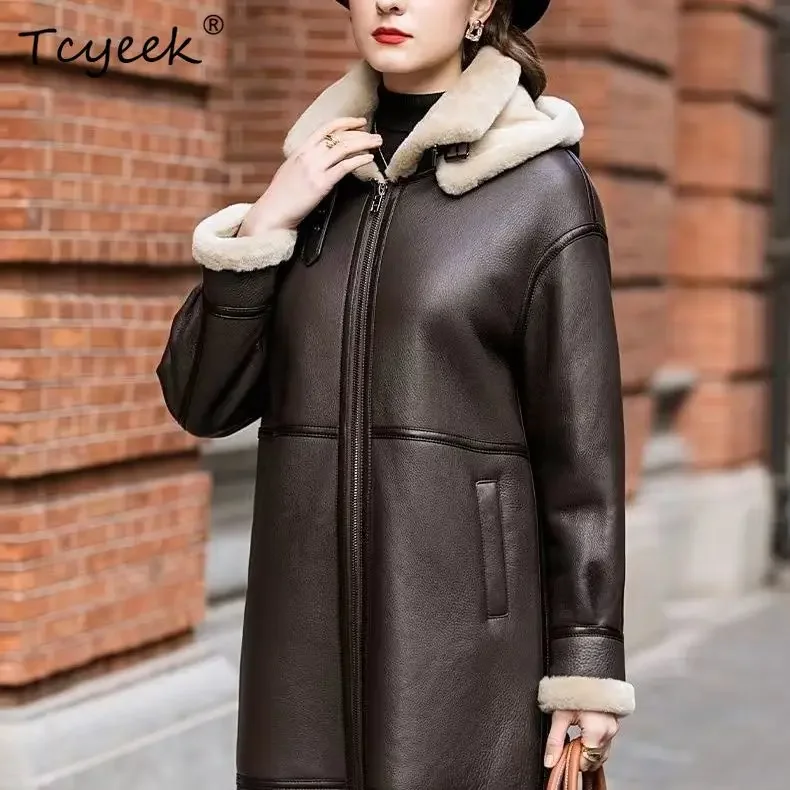 Tcyeek Natural Sheepskin Fur Coat Winter Jackets for Women Mid-length Genuine Leather Jacket Woman High-end Clothes Warm 2026