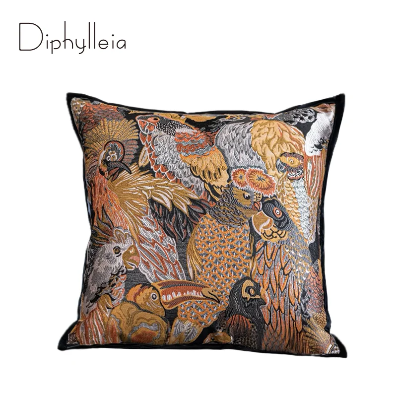 Diphylleia Luxury Square Woven Birds Toco Toucan Pillowcase Orange Parrots Sofa Cushion Cover Colorful Vintage Exotic Home Decor
