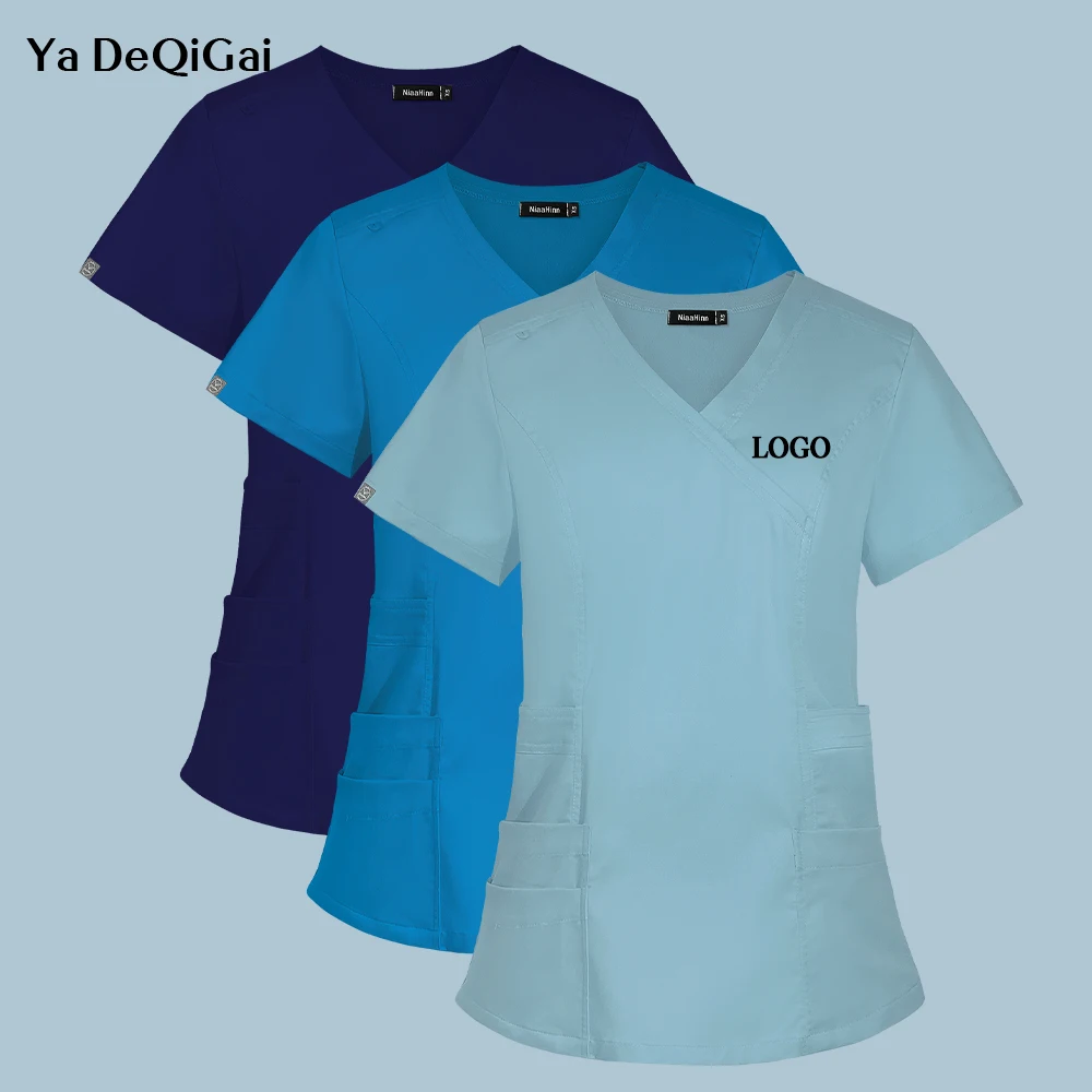 Nurse Uniforms Women Workwear Solid Color Medical Nursing Blouse Short Sleeve V-neck Work Shirts Beauty Spa Working Tops