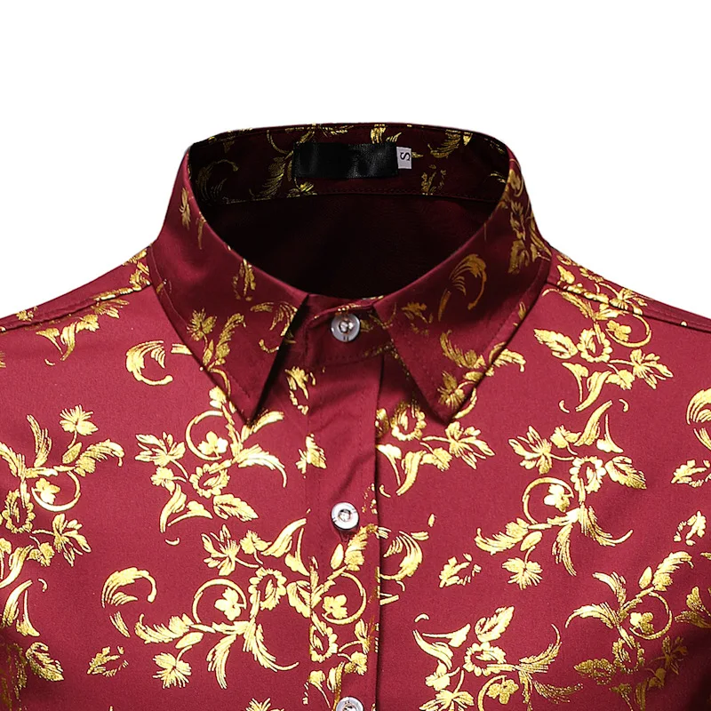 New Men Gold Stamp Printed Loose Shirt Black / White / Wine Red Fashion Male Business Social Casual Lapel Tops