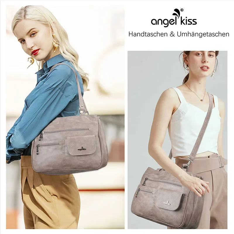 Angelkiss Women Handbags Vintage Shoulder Purse Bag Multi-pocket Large Capacity Casual Tote Shopping Pack for iPad Phone