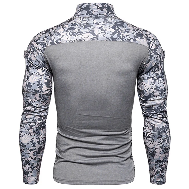 Men's Military Field Outdoor Elastic Fitness Camo Long Sleeve T-shirt Zip Up Pocket For Mens Gym Tactical T Shirts Ropa Hombre